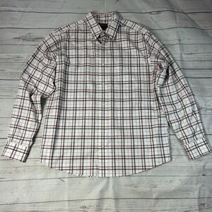Eddie Bauer Flannel Shirt White Red Plaid Button Up Long Sleeve Men's Size Large
